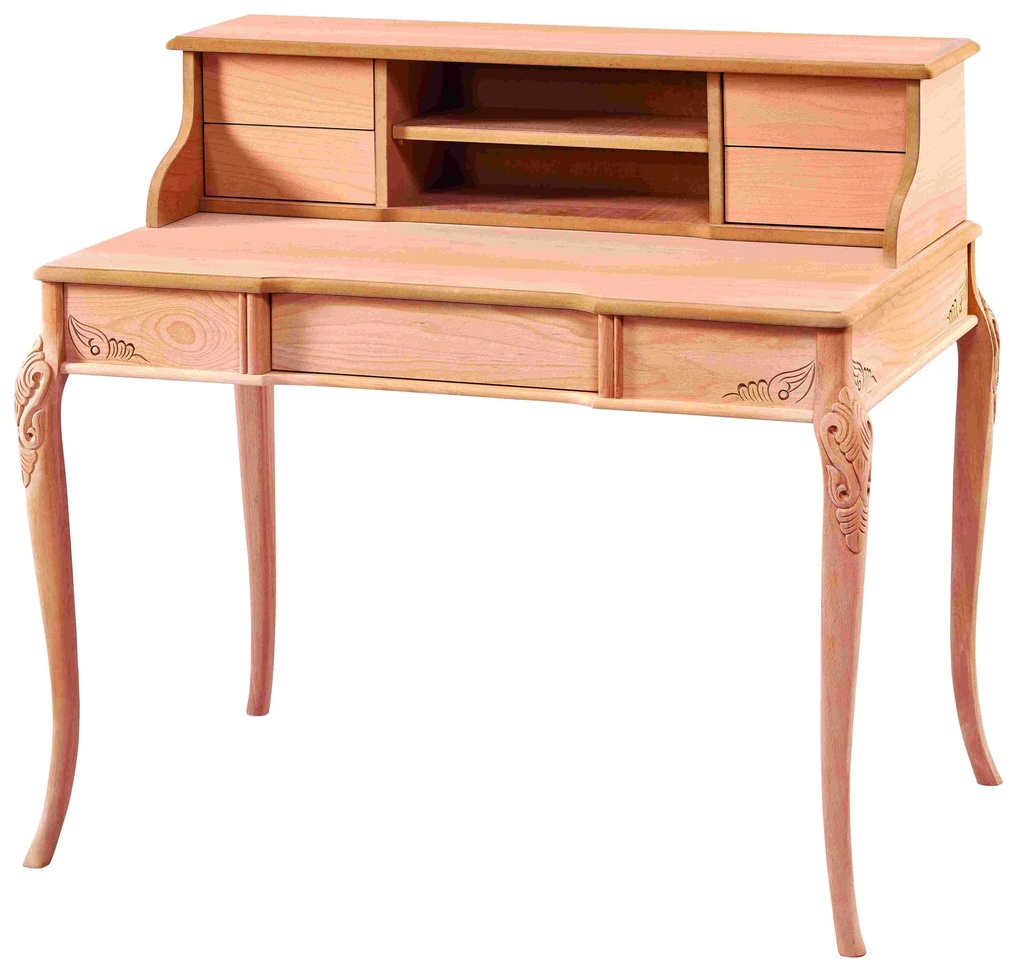 Bureau en bois avec étagère et sculpture