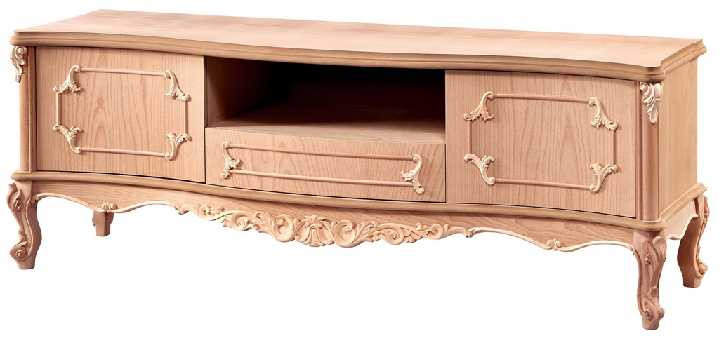 The chest of wooden TV with sculpture