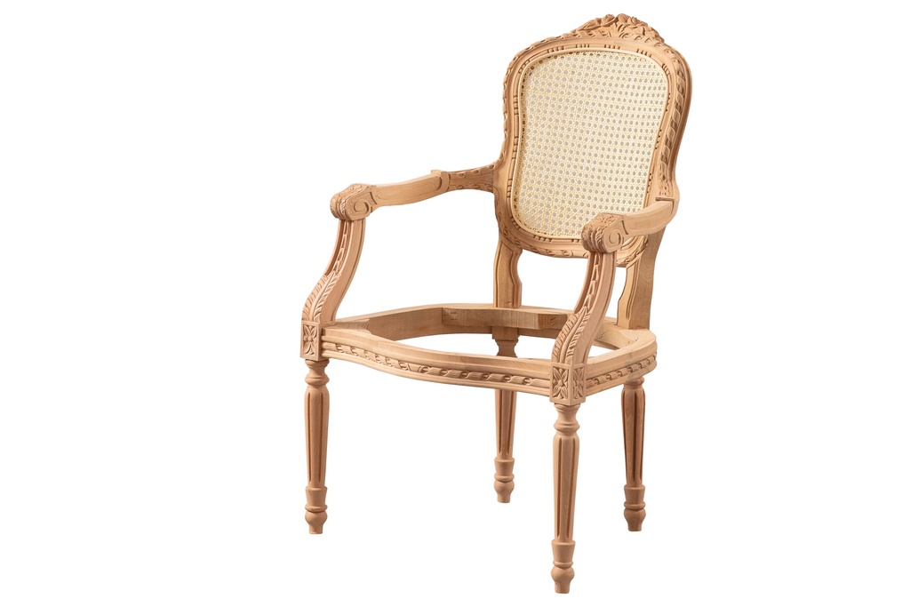 Skeleton wooden armchair with rattan and sculpture