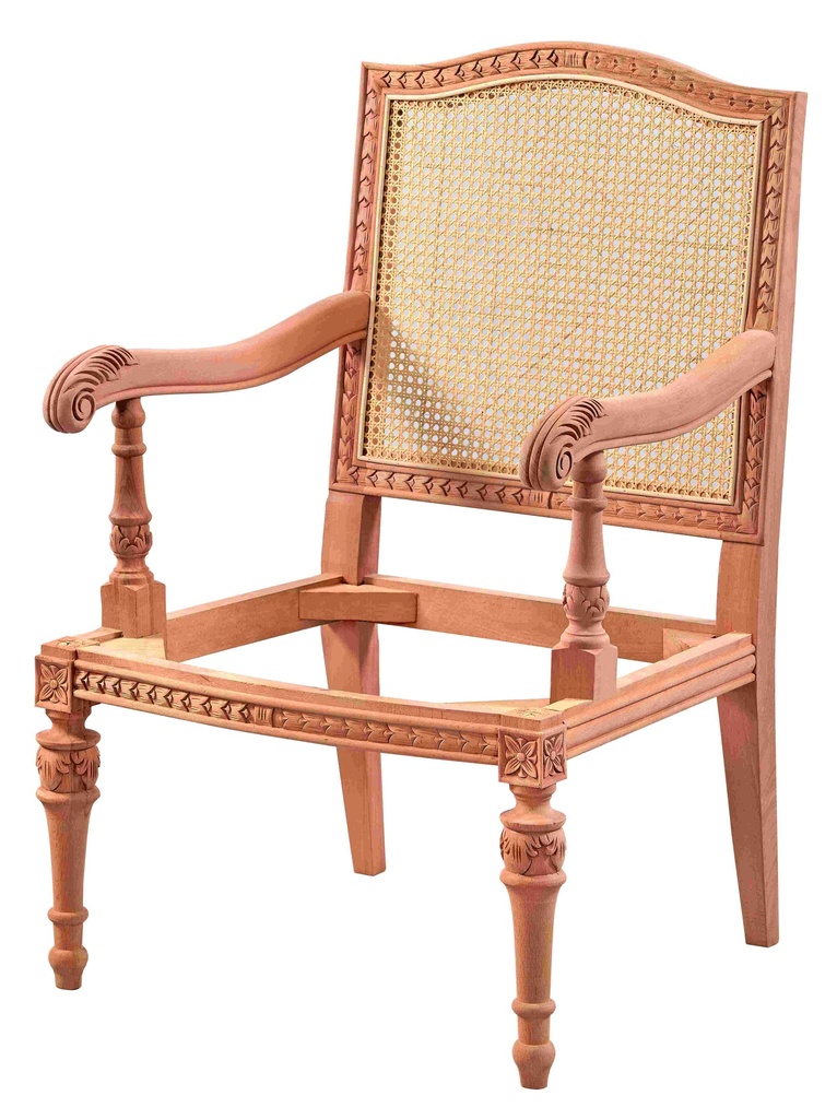 Fauteuil squelette en bois avec rotin et sculpture