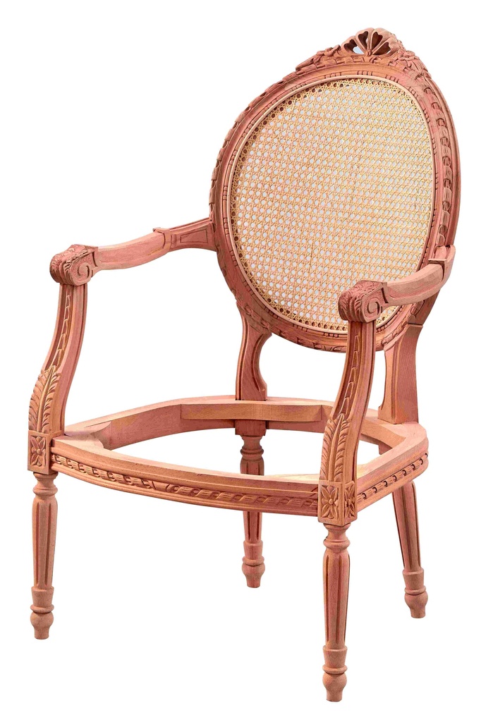 Skeleton wooden armchair with rattan and sculpture