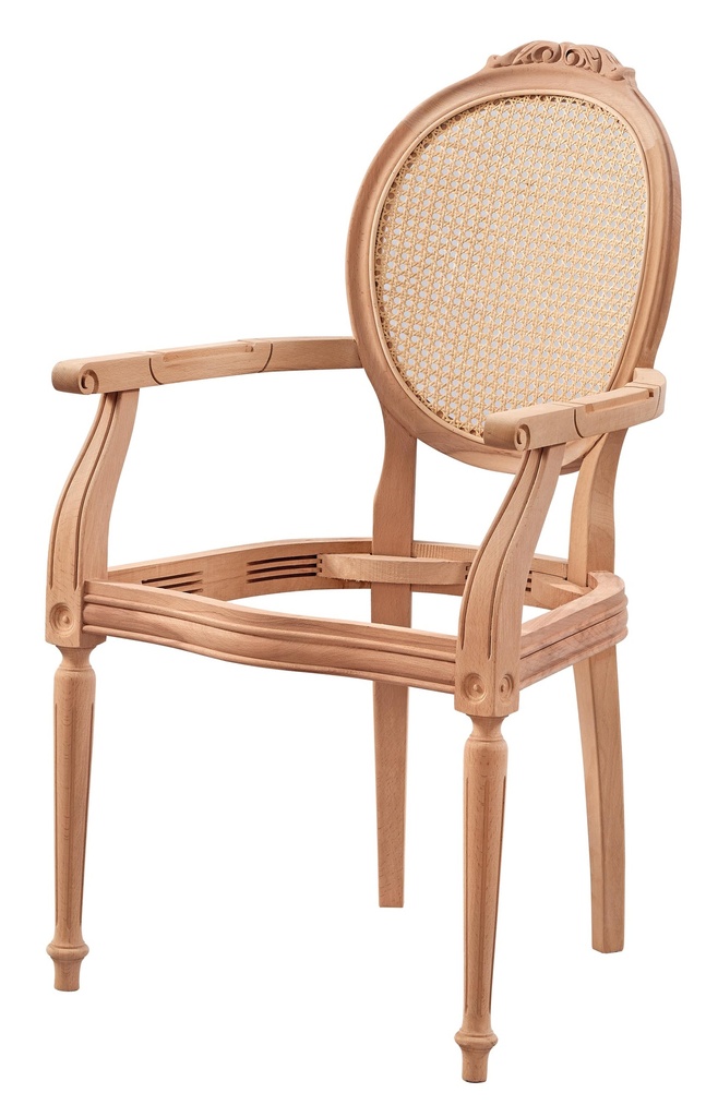 Skeleton wooden armchair with rattan and sculpture