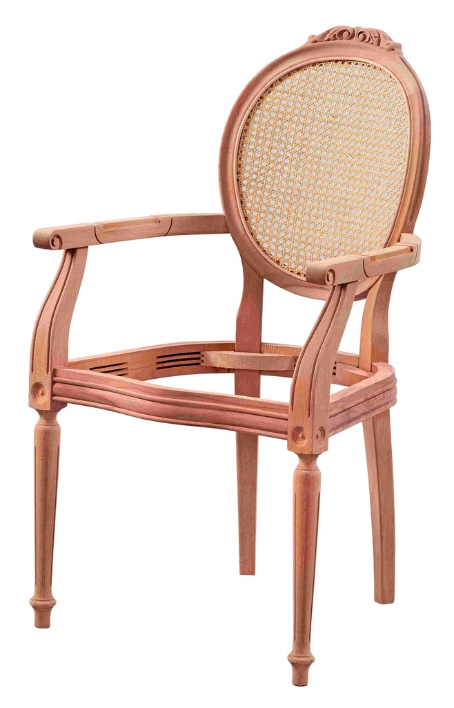 Skeleton wooden armchair with rattan and sculpture