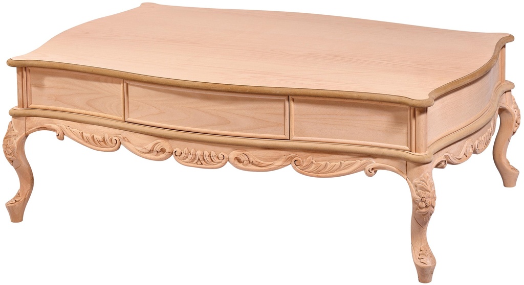 The wooden rectangular coffee table with sculpture