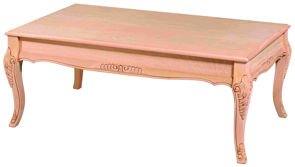 The wooden rectangular coffee table with sculpture