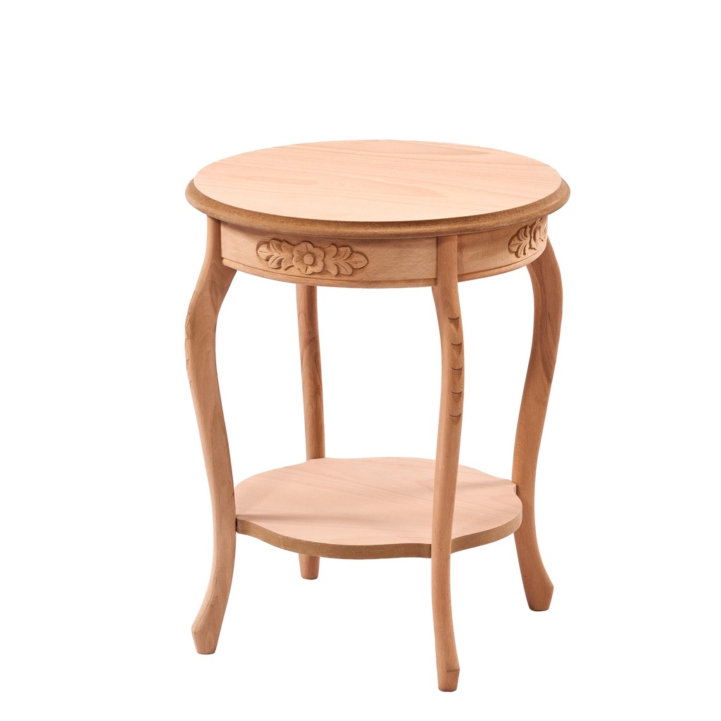 Square wooden table with sculpture