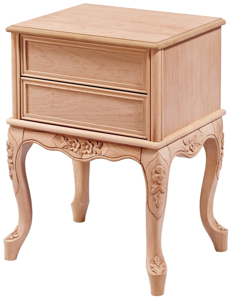 Wooden bedside table with sculpture