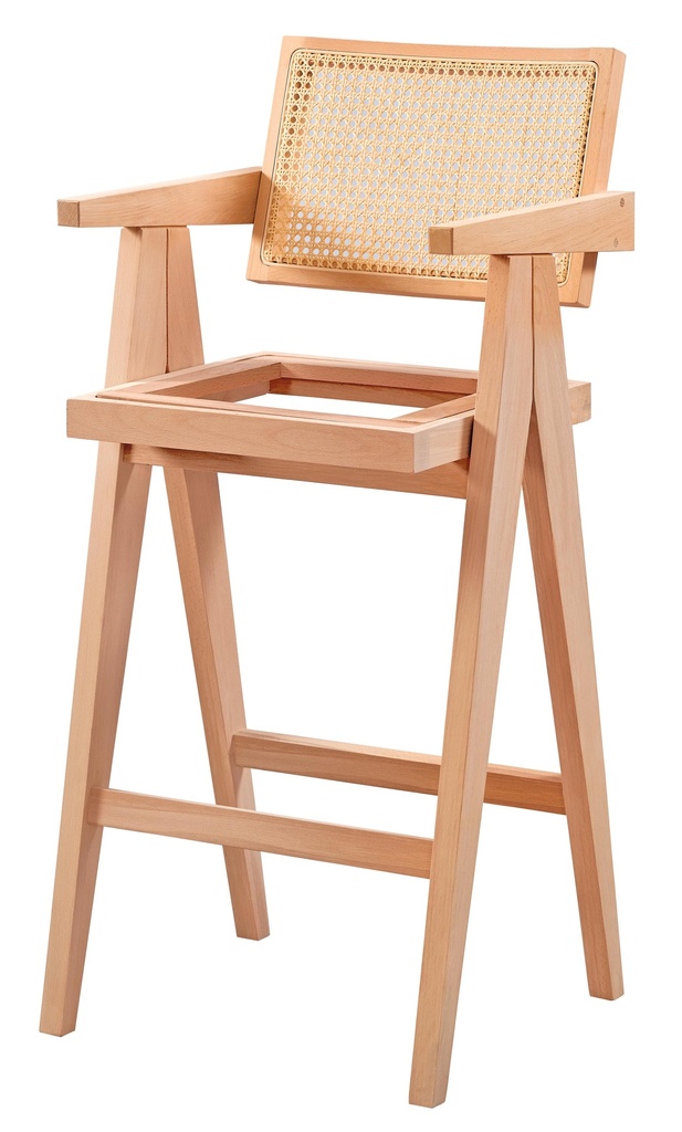 Skeleton of wooden chair with arms and rattan