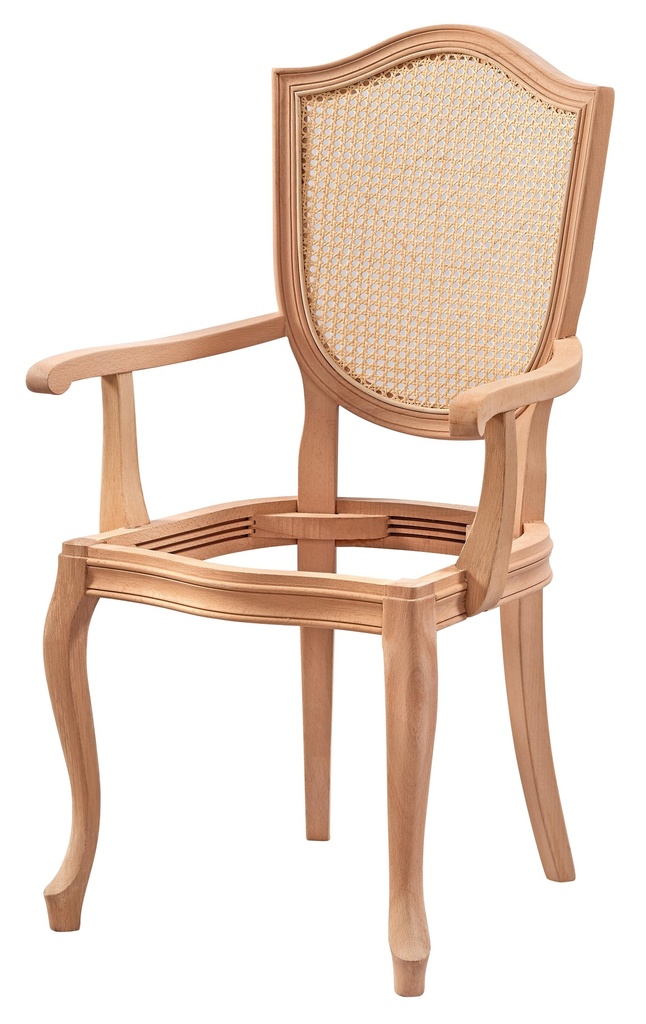 Holzstuhlskelett mit Armlehnen und Rattan