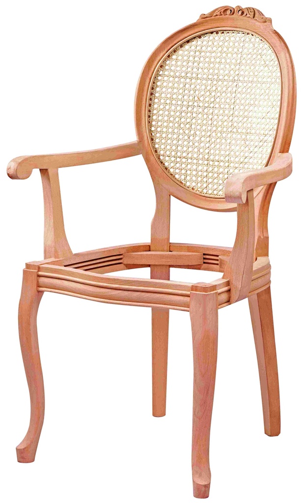 Chaise en bois squelette avec bras, rotin et sculpture