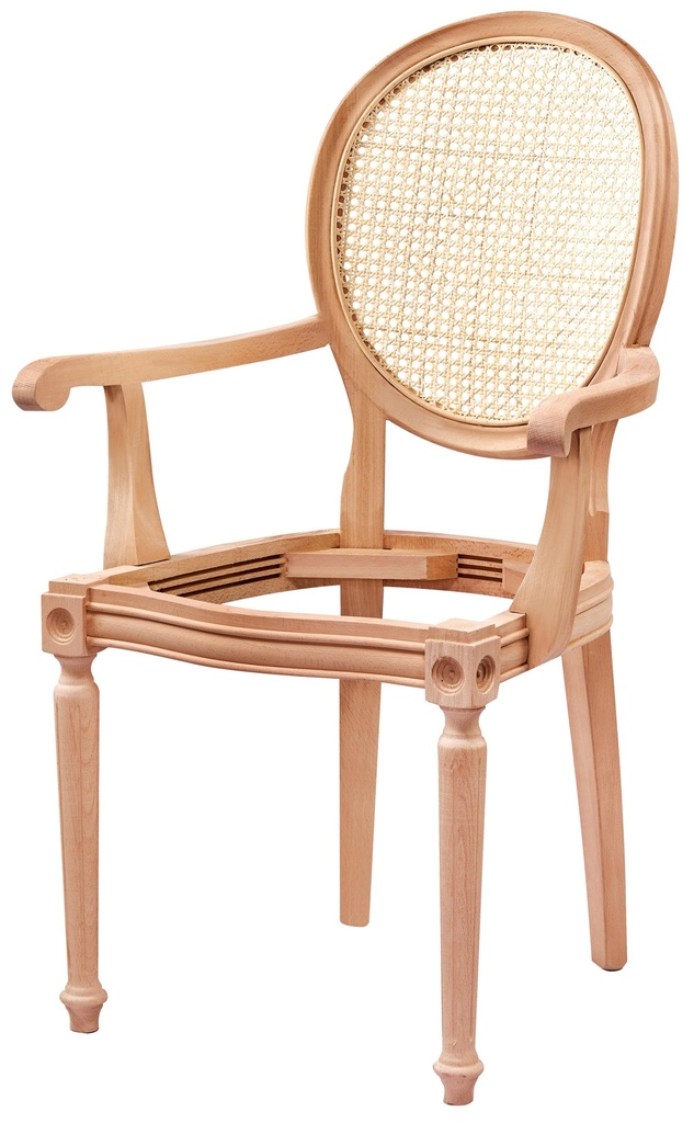 Holzstuhlskelett mit Armlehnen, Rattan und Skulptur