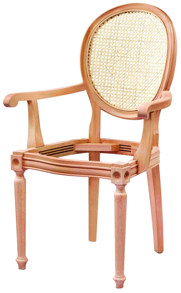 Chaise en bois squelette avec bras et rotin