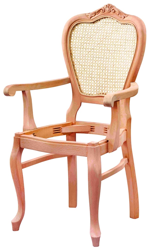 Chaise en bois squelette avec bras, rotin et sculpture