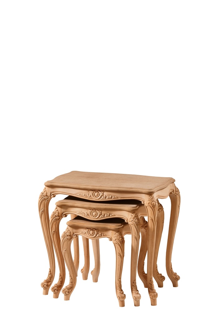 Set of wood and MDF tables with sculpture