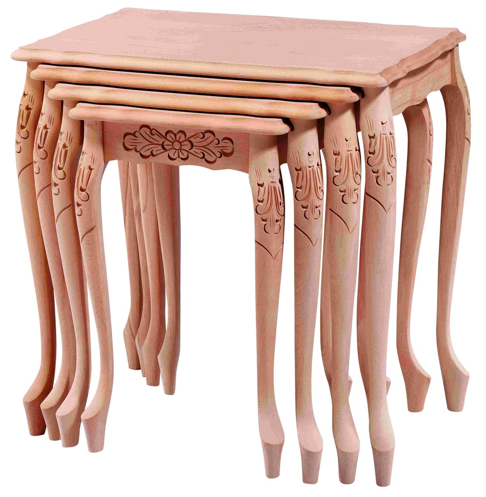 Set of wooden tables with sculpture