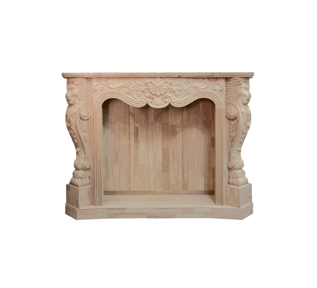 Wooden fireplace with sculpture