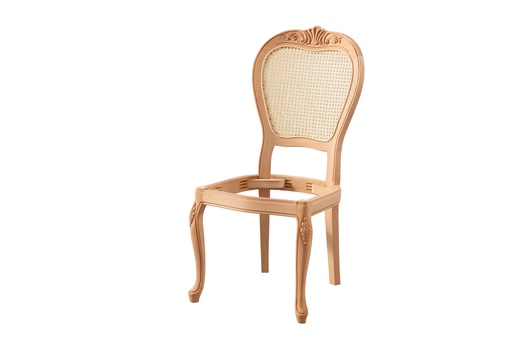 [213N] Chaise en bois squelette avec rotin et sculpture